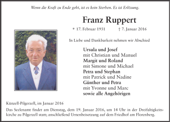 Traueranzeige von Franz Ruppert 