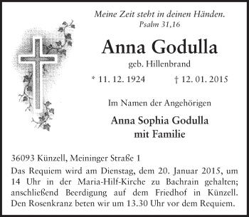 Traueranzeige von Anna Godulla 