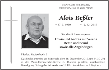 Traueranzeige von Alois Beßler 