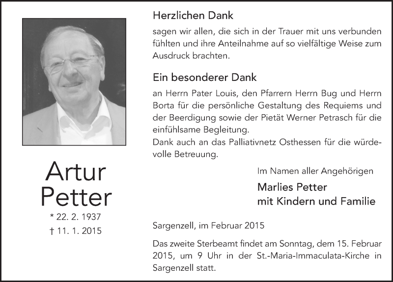  Traueranzeige für Artur Petter vom 07.02.2015 aus 
