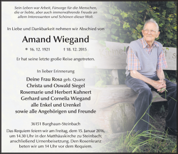 Traueranzeige von Amand Wiegand 