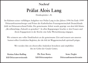 Traueranzeige von Alois Lang 