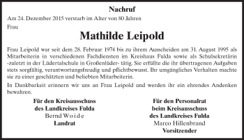 Traueranzeige von Mathilde Leipold 