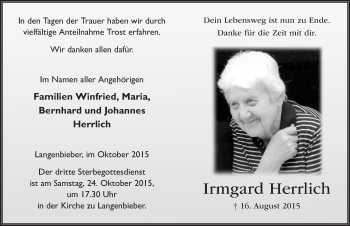 Traueranzeige von Irmgard Herrlich 
