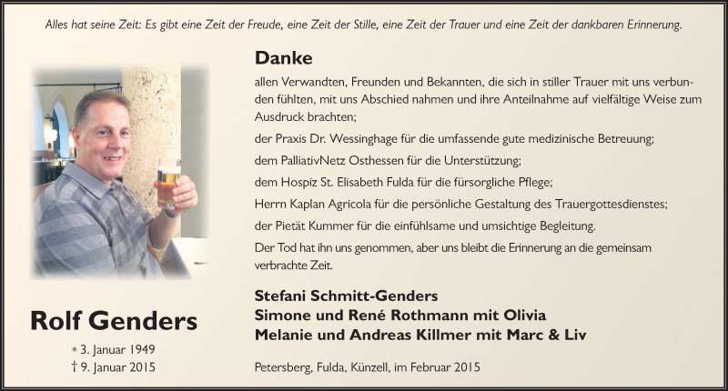  Traueranzeige für Rolf Genders vom 14.02.2015 aus 