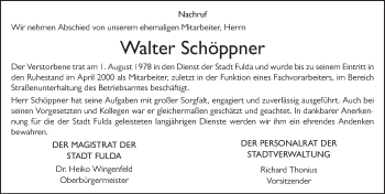 Traueranzeige von Walter Schöppner 