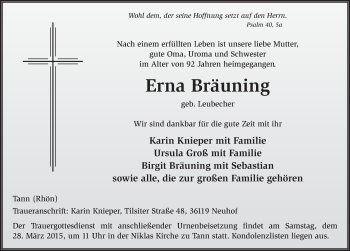 Traueranzeige von Erna Bräuning 