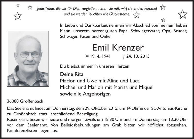  Traueranzeige für Emil Krenzer vom 27.10.2015 aus 