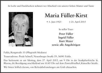 Traueranzeige von Maria Füller-Kirst 