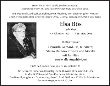 Traueranzeige von Elsa Bös 