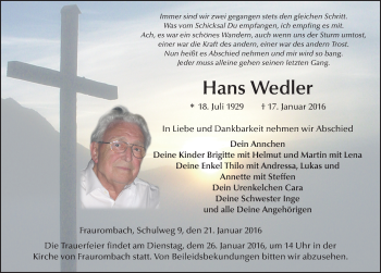 Traueranzeige von Hans Wedler 