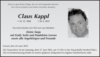 Traueranzeige von Claus Kappl 