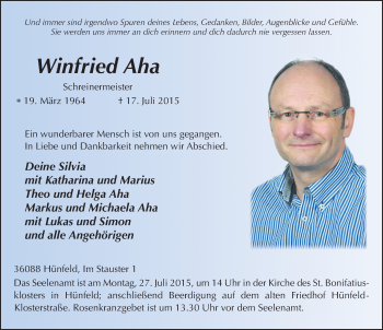 Traueranzeige von Winfried Aha 