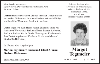 Traueranzeige von Margot Tegtmeier 