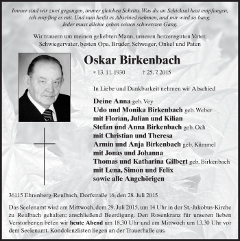 Traueranzeige von Oskar Birkenbach 