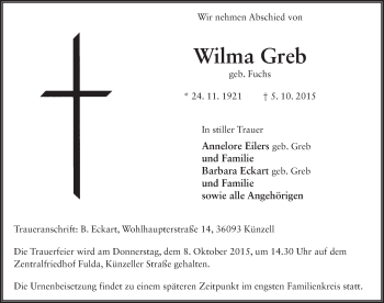 Traueranzeige von Wilma Greb 