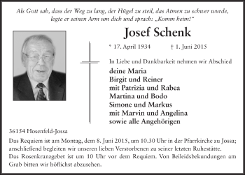 Traueranzeige von Josef Schenk 