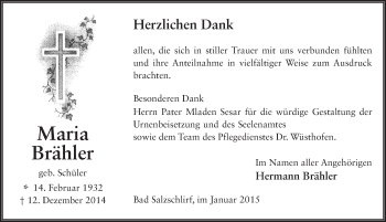 Traueranzeige von Maria Brähler 