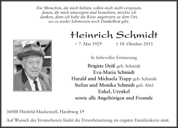 Traueranzeige von Heinrich Schmidt 