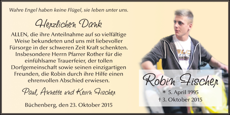  Traueranzeige für Robin Fischer vom 23.10.2015 aus 