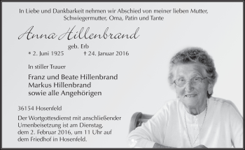 Traueranzeige von Anna Hillenbrand 