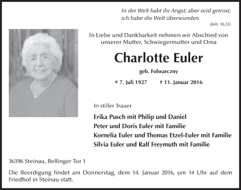 Traueranzeige von Charlotte Euler 