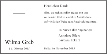 Traueranzeige von Wilma Greb 