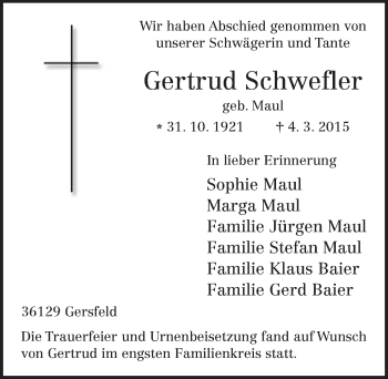 Traueranzeige von Gertrud Schwefler 