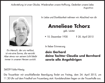 Traueranzeige von Anneliese Tchorz 