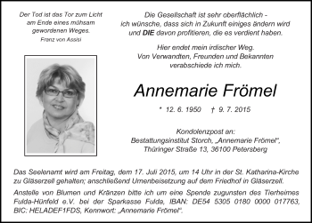 Traueranzeige von Annemarie Frömel 