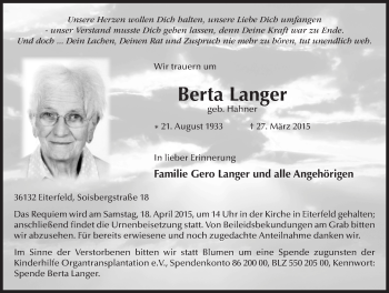 Traueranzeige von Berta Langer 
