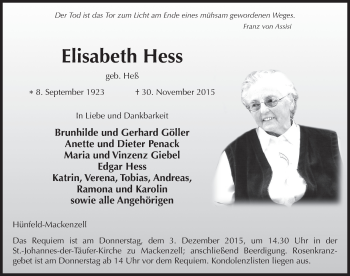 Traueranzeige von Elisabeth Hess 