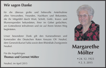 Traueranzeige von Margarethe Mölter 