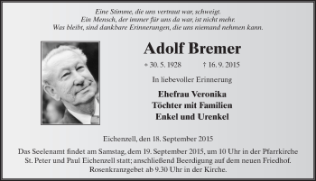Traueranzeige von Adolf Bremer 