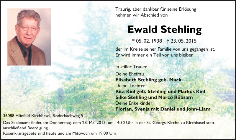  Traueranzeige für Ewald Stehling vom 26.05.2015 aus 