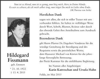 Traueranzeige von Hildegard Fissmann 