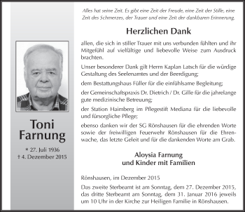Traueranzeige von Toni Farnung 