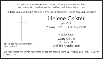 Traueranzeige von Helene Geister 