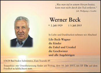 Traueranzeige von Werner Beck 