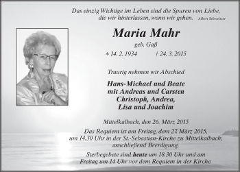 Traueranzeige von Maria Mahr 