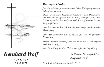 Traueranzeige von Bernhard Wolf 