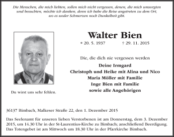 Traueranzeige von Walter Bien 