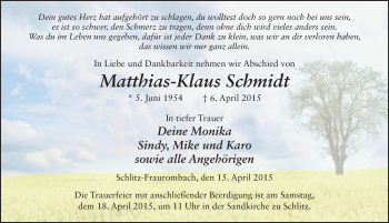 Traueranzeige von Matthias-Klaus Schmidt 