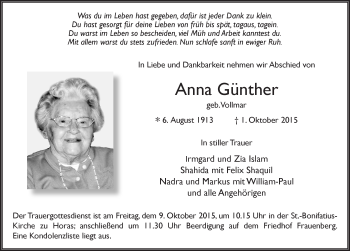Traueranzeige von Anna Günther 