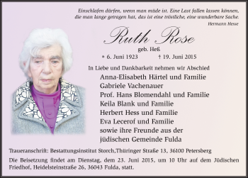 Traueranzeige von Ruth Rose 
