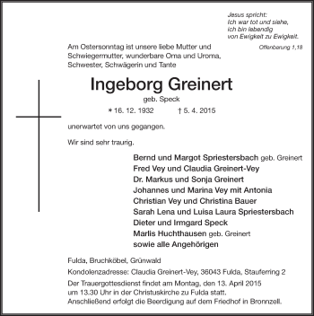 Traueranzeige von Ingeborg Greinert 
