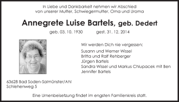 Traueranzeige von Annegrete Luise Bartels 