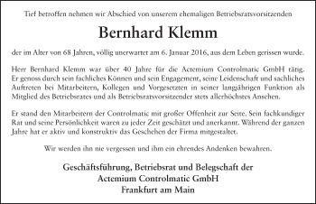 Traueranzeige von Bernhard Klemm 