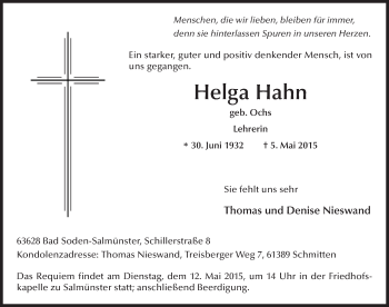 Traueranzeige von Helga Hahn 