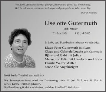 Traueranzeige von Liselotte Gutermuth 